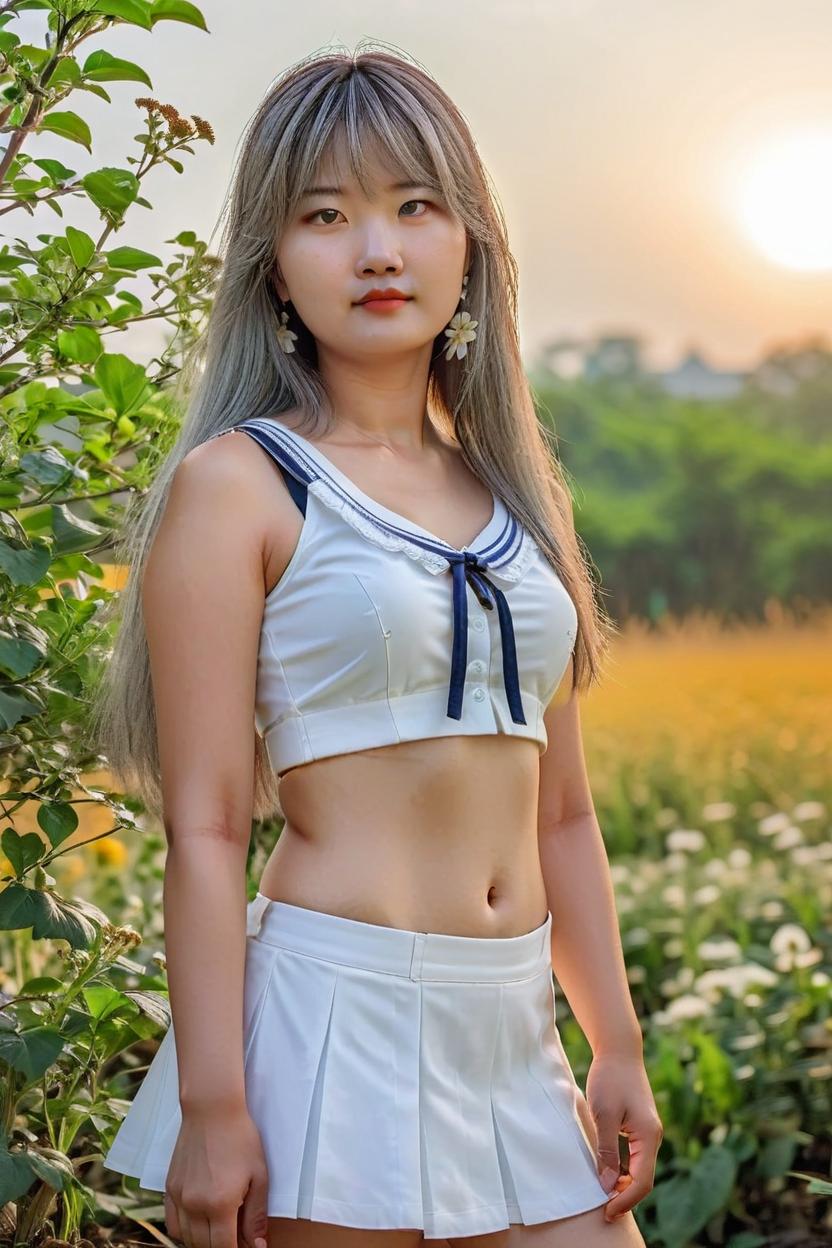 Artificial Intelligence (AI) generated image art, ..., wide shot , a portrait image (full body shot) of girl, full shot, row photo, a beautiful girl face, with gracefully under blurry background soft golden sunlight in an open field. demand melancholic beautiful face (silver hair), long hair, wearing exposes her midriff, slim waist, thin thighs, morning sky, posing in a flower garden, outdoors, posing for photoshoot, (wearing a white colored showcases the delicate intricacies of school uniform the armor)