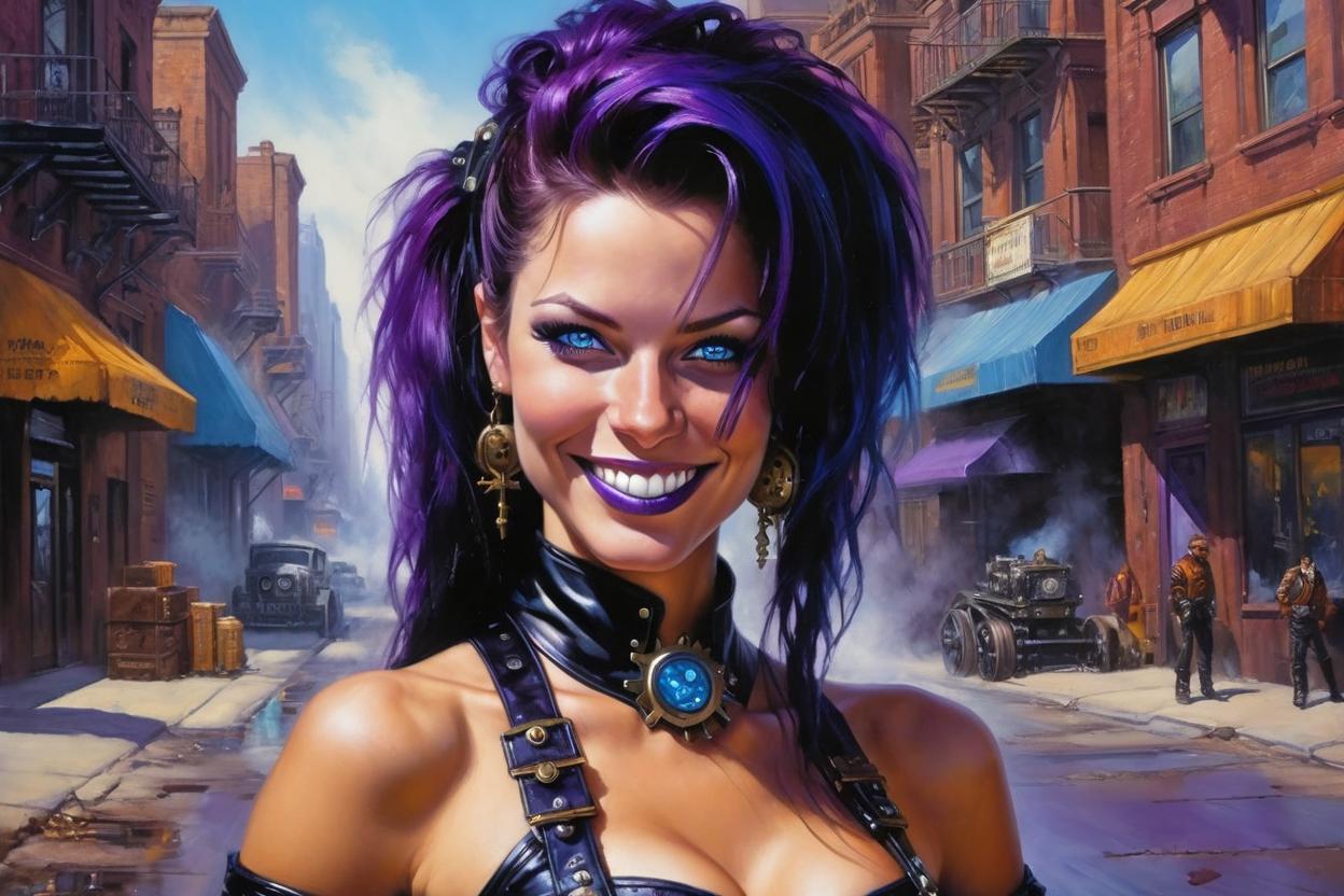 Artificial Intelligence (AI) generated image art, (classic fantasy pulp book cover art), ... with blue eyes in steampunk industrialized street, art by Boris Vallejo, 80s fantasy art, portrait, city street.  ((chest)) ((big bust)) ((lush bodyshape)) ((super realistic)) ((Oil painting)) ((wearing black leather)) ((black and purple hair)) ((warm smile))