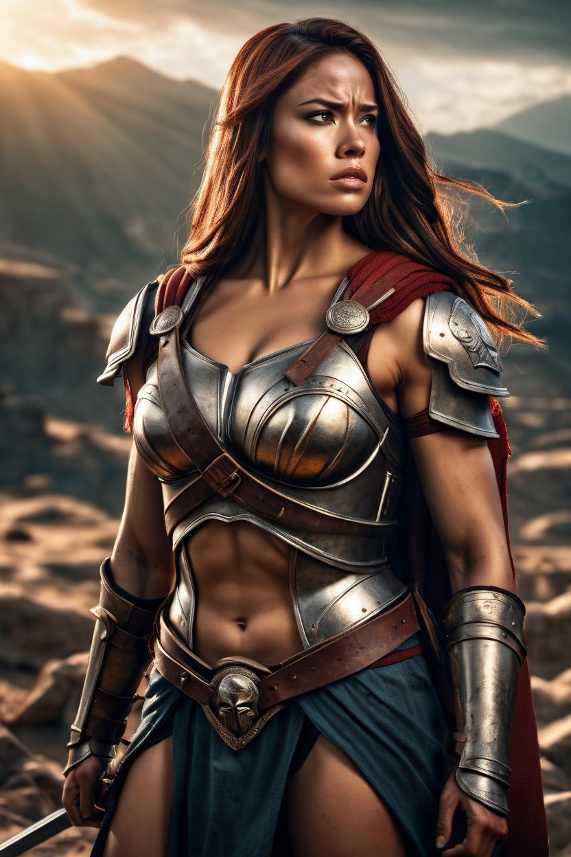 Artificial Intelligence (AI) generated image art,  Handsome fullbody representation of the beautiful well-formed spartan woman-warrior ..., war hero, tired expression, long straight hair, large bust, full body, (leave space above head), (photorealistic), cinematic lighting, dramatic sunset, caustics, digital, epic scene, by gaston bussiere, bayard wu, greg rutkowski, giger, maxim verehin