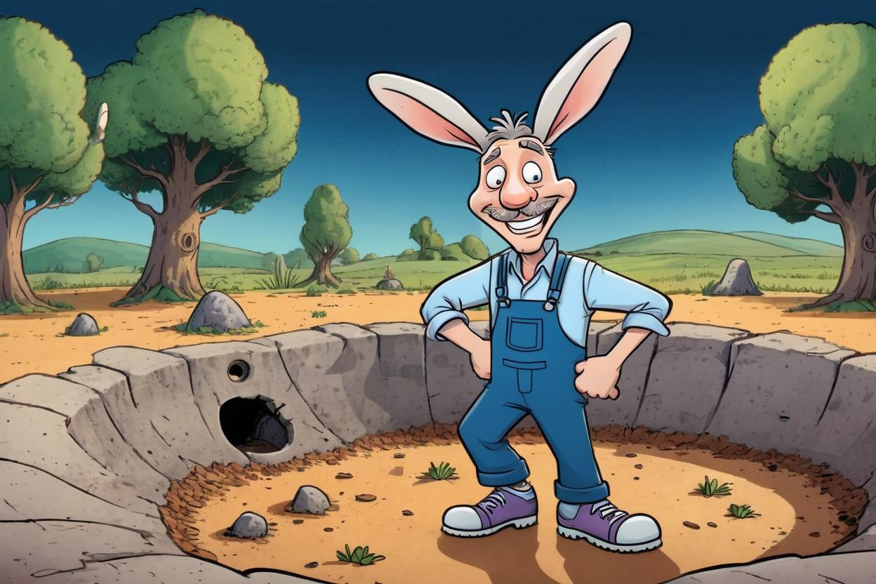 Artificial Intelligence (AI) generated image art, ..., full length, as a cartoon character in a cartoon landscape wiht a rabbit hole in the ground with rabbit ears poking out of it