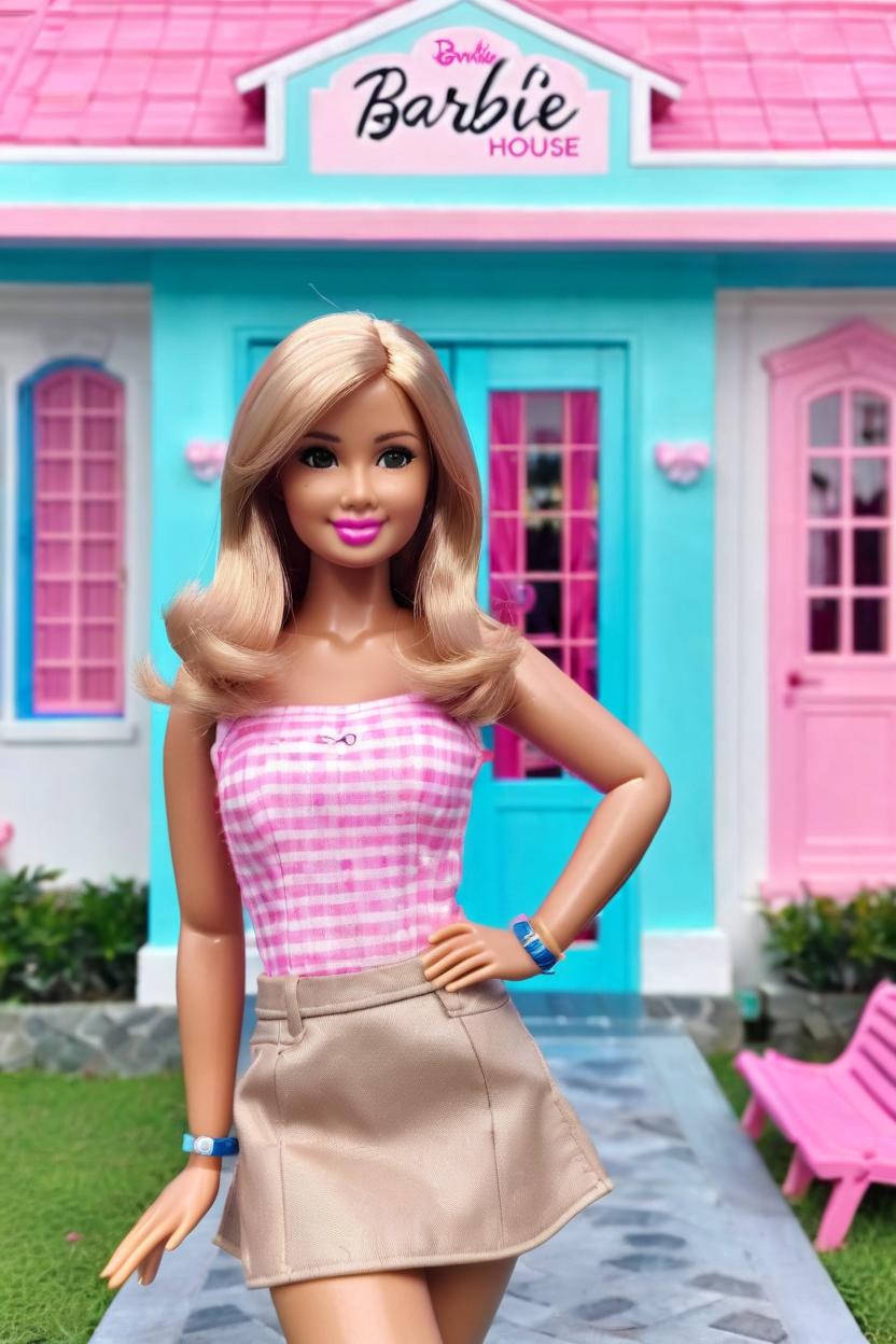 Artificial Intelligence (AI) generated image art, ... as a barbie doll, tan skin, in front of barbie house