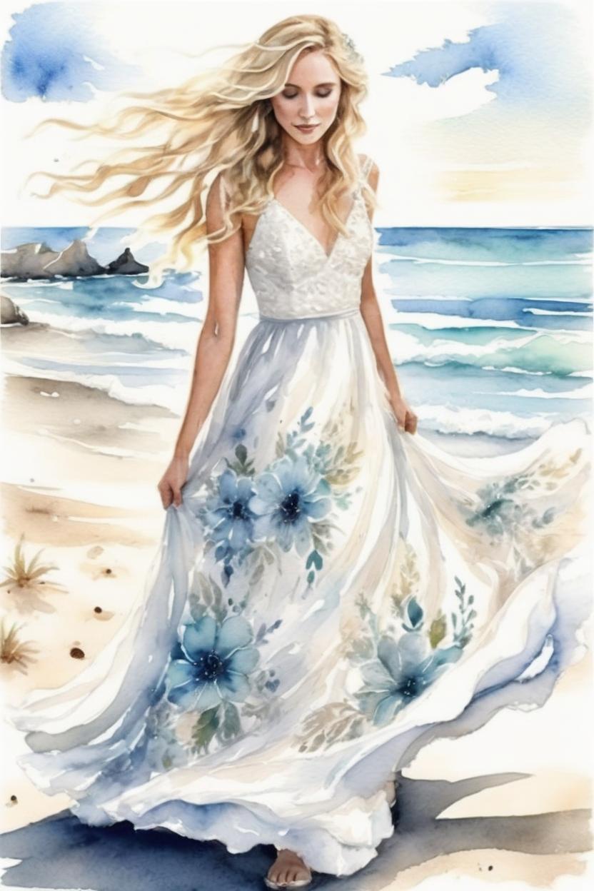 Artificial Intelligence (AI) generated image art, ... as beautiful blonde bride, long hair, beachfront wedding, outdoor, ultra detailed illustration, watercolor, light flowy wedding dress, on the beach, motion photography