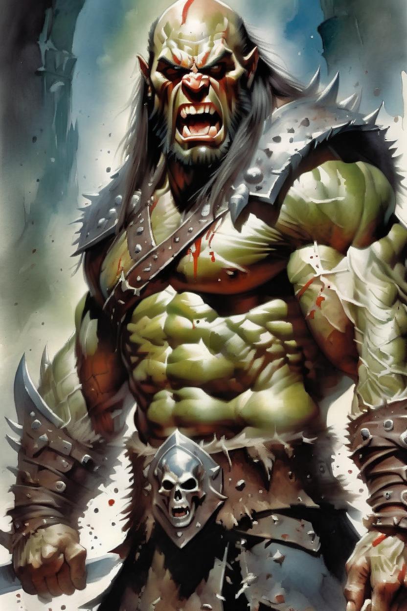 Artificial Intelligence (AI) generated image art, (classic fantasy pulp book cover art), (...) as fantasy barbarian holding his arms above his head, screaming, long hair but bald on top, illustration, art by Boris Vallejo, 80s fantasy art, portrait, highly detailed