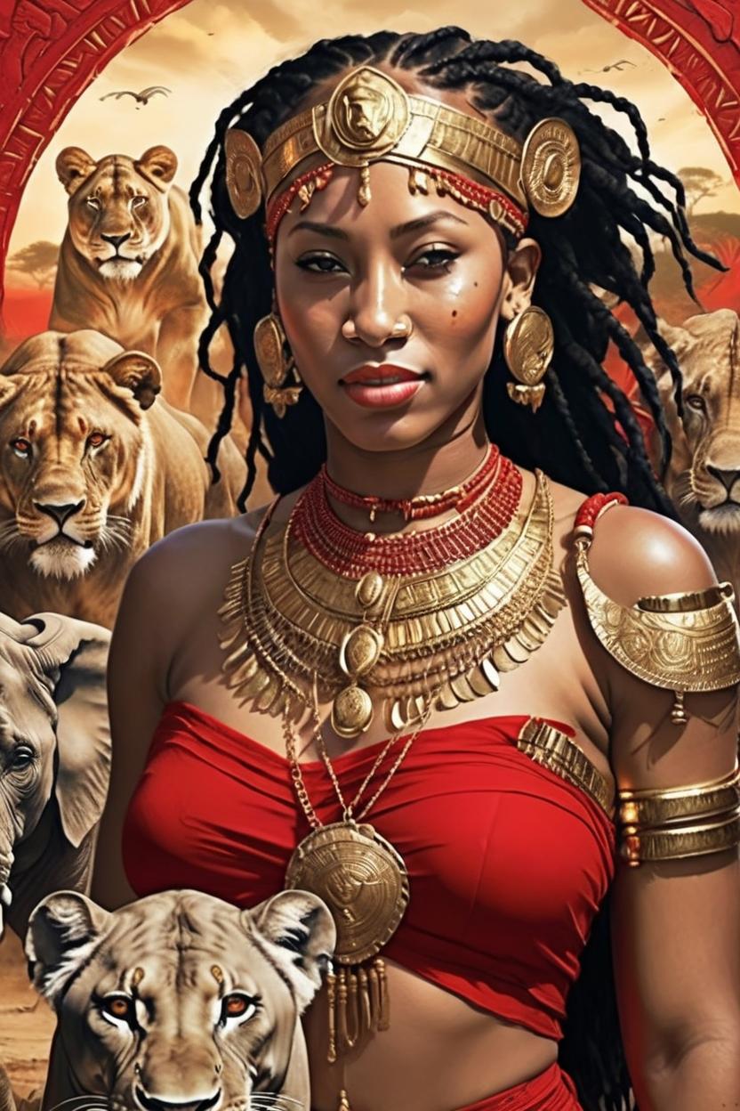 Artificial Intelligence (AI) generated image art, ..., as a warrior goddess, wearing red, with lions and elephants,  safari, fine detail, artistic, gold jewelry, realistic