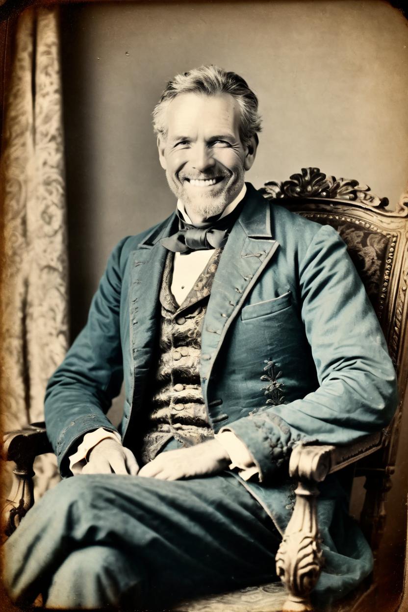 Artificial Intelligence (AI) generated image art, ..., dressed in 19th century clothing, daguerreotype, 1800s photograph, smile, sitting in a large 19th century style chair, highly detailed