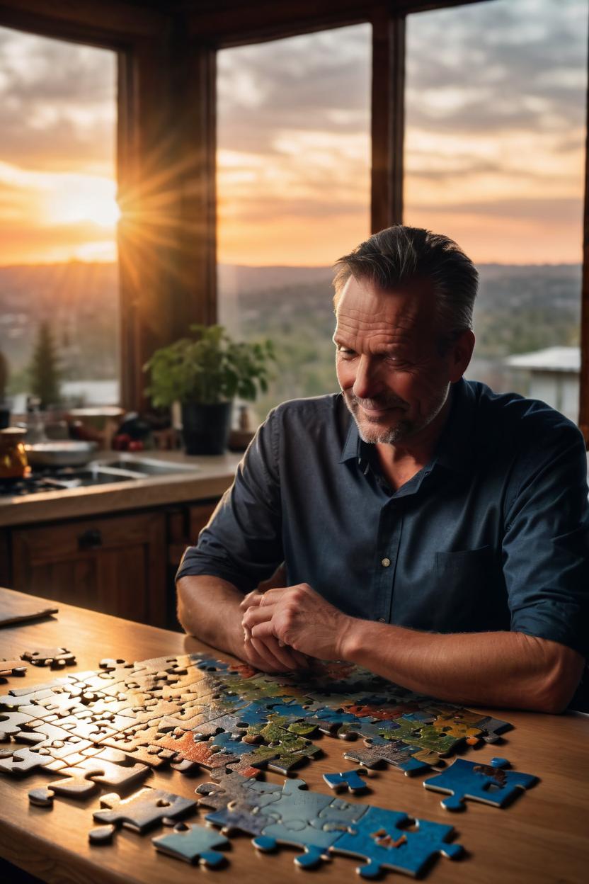 Artificial Intelligence (AI) generated image art, A puzzle on a table, the picture in the puzzle is ..., the puzzle is on a kitchen table, Windows, sunset, cinematic lighting, the puzzle is missing one piece