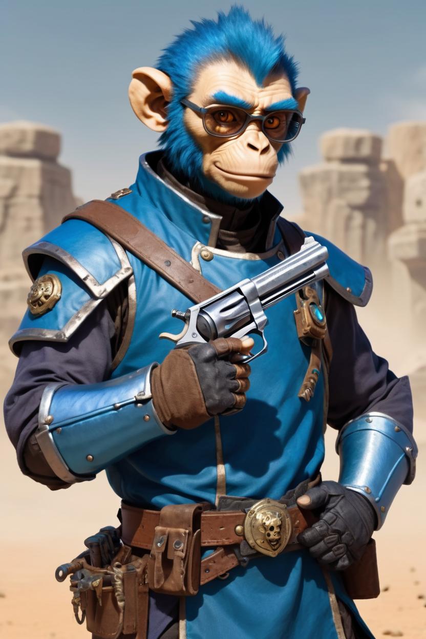 Artificial Intelligence (AI) generated image art, ..., dnd, humanoid monkey, artificer, (((holding a revolver))), tan skin, brown eyes, brown and blue hair, blue armor
