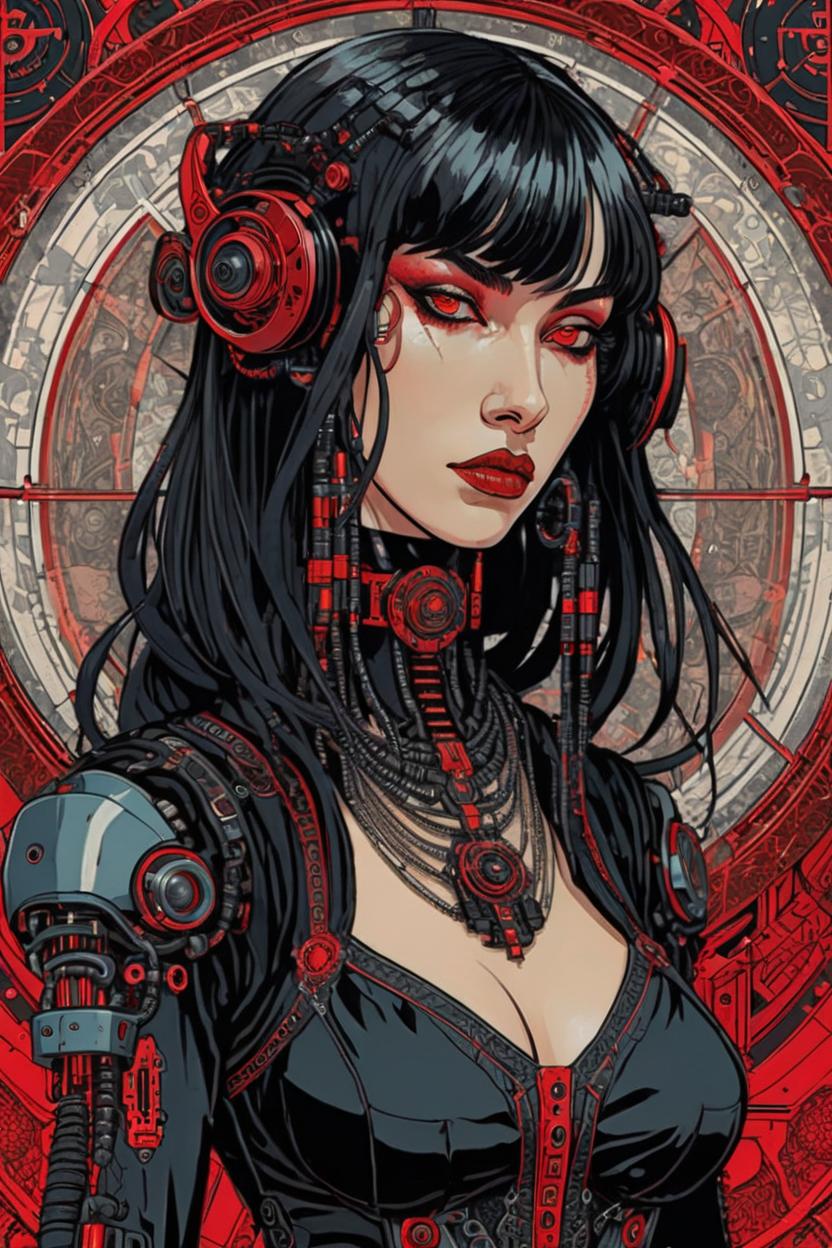 Artificial Intelligence (AI) generated image art, (*...*), portrait, artwork by Ivan Bilibin, Art Nouveau, tarot, cyberpunk, red and black android, cyborg, robotic, with black hair, brown eyes, red and black robotic details