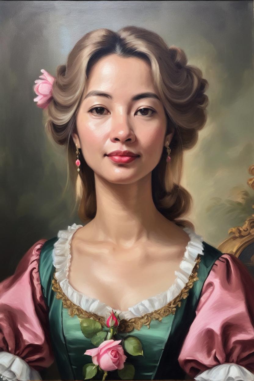 Artificial Intelligence (AI) generated image art, Beautiful woman ..., baroque style portrait, oil painting, romantic wearing Versailles style clothing and hair, low neckline, featuring a rose