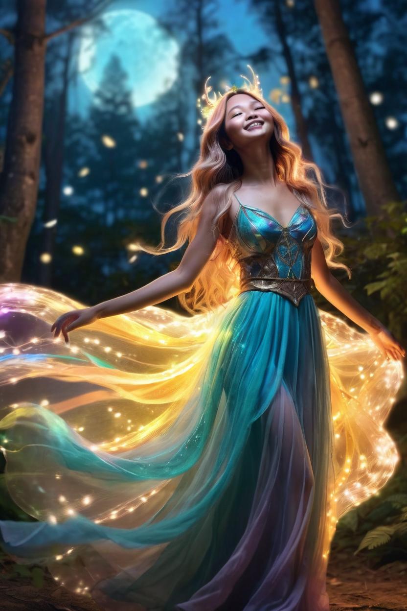 Artificial Intelligence (AI) generated image art, ..., illustration, full body, as a fairy queen, with beautiful colorful gossamer wings, dancing in a fairy circle in the moonlight, tan smooth skin, long wavy and lusterous hair flowing out around her, backlit to cause a halo around her, smaller fairys and sprites dance behind her a mysterious forest in the background