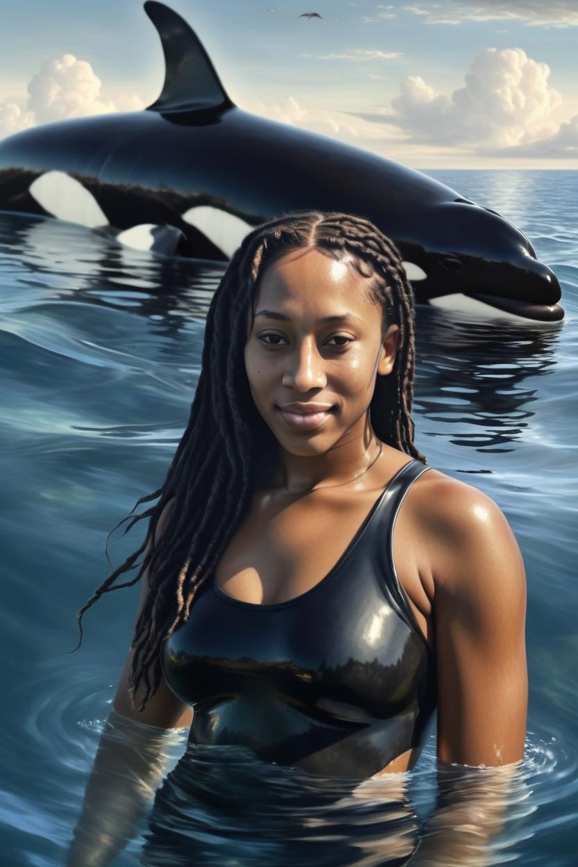 Artificial Intelligence (AI) generated image art, ..., In the ocean with orca, fine detail , beautiful, majestic , photorealistic