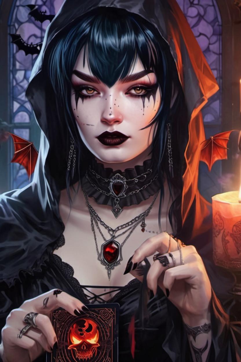 Artificial Intelligence (AI) generated image art, ..., with dark hair as a vampire goddess with two black pumas in the tarot card \\\\\\\'death\\\\\\\', beautiful emo girl, ((portrait)), art by lois van baarle and loish and ross tran and rossdraws and sam yang and samdoesarts and artgerm, digital art, highly detailed, intricate, sharp focus, Trending on Artstation HQ, deviantart, unreal engine 5, 4K UHD image