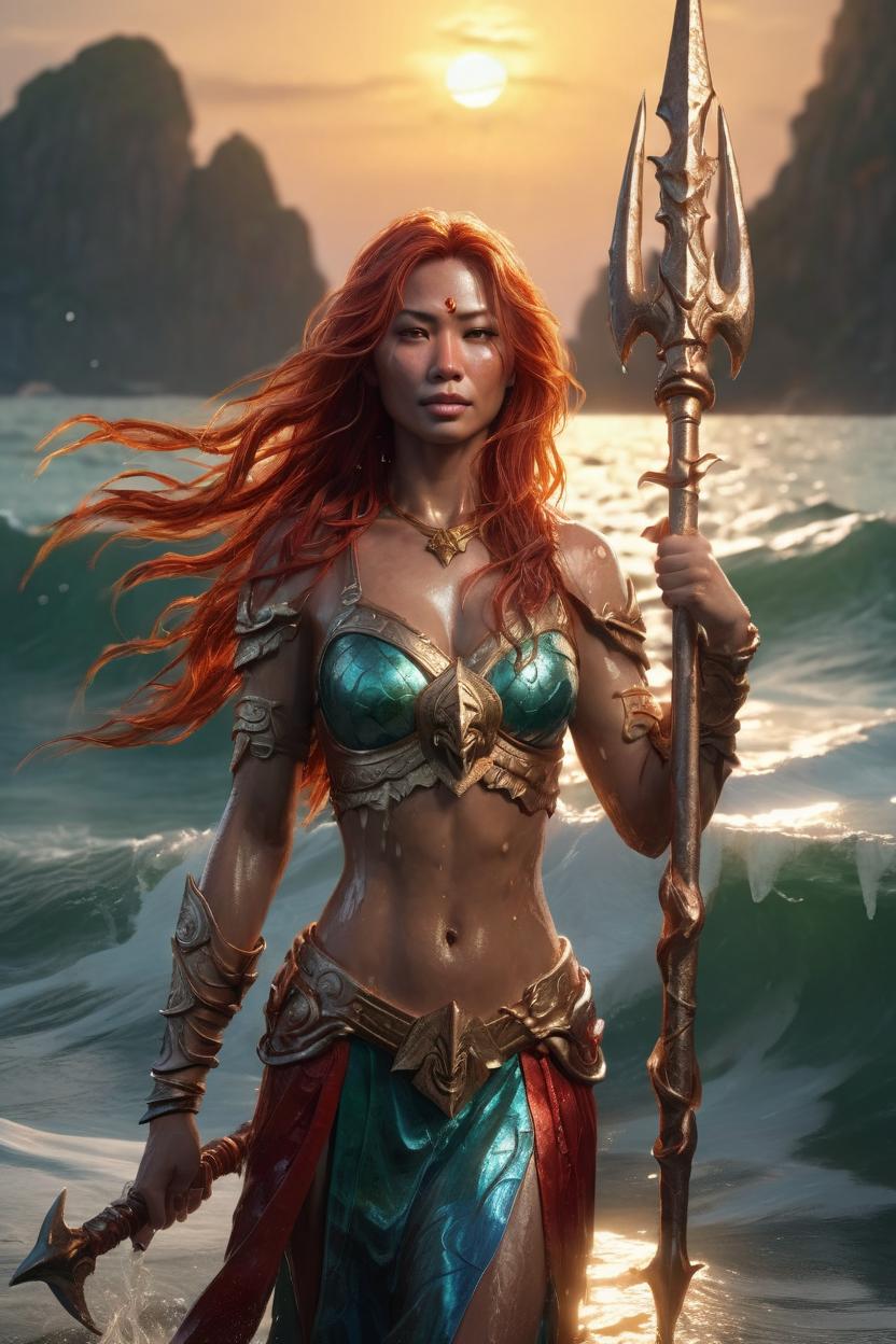 Artificial Intelligence (AI) generated image art, ..., ((realistic)) majestic water goddes Mera, holding one three spike trident, with wet body and flowing red long hair rising from the sea with sunset, ((portrait)), epic scene, epic light, intricate detailed, fine details, artstation, masterpiece, tan skin