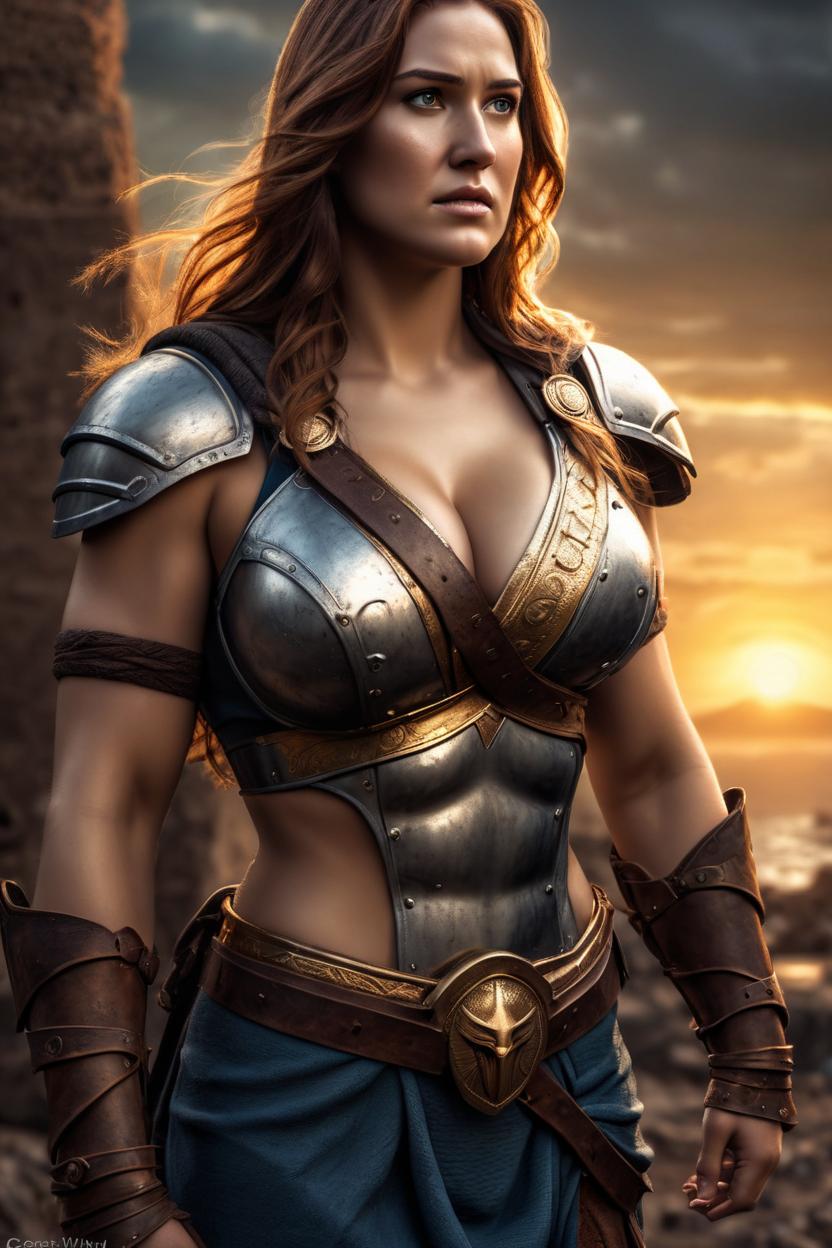 Artificial Intelligence (AI) generated image art, Handsome fullbody representation of the beautiful well-formed spartan woman-warrior ..., war hero, tired expression, long straight hair, large bust, full body, (leave space above head), (photorealistic), cinematic lighting, dramatic sunset, caustics, digital, epic scene, by gaston bussiere, bayard wu, greg rutkowski, giger, maxim verehin