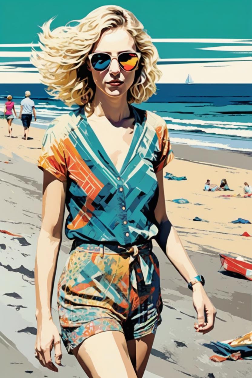 Artificial Intelligence (AI) generated image art, (...) portrait, editorial illustration young beautiful blonde woman walking down a beach, modern art deco, colorful, christopher balaskas, victor ngai, rich grainy texture, detailed, dynamic composition, wide angle, moebius, matte print