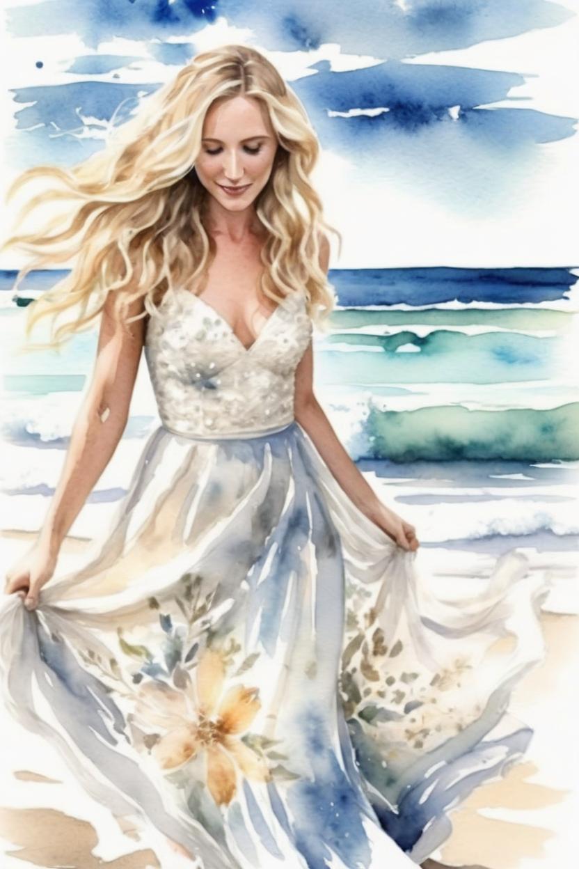 Artificial Intelligence (AI) generated image art, ... as beautiful blonde bride, long hair, beachfront wedding, outdoor, ultra detailed illustration, watercolor, light flowy wedding dress, on the beach, motion photography