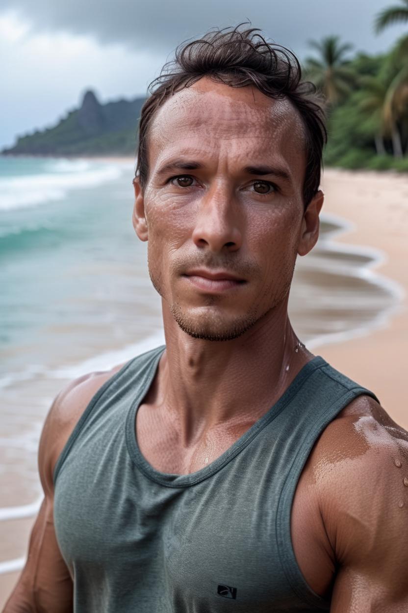 Artificial Intelligence (AI) generated image art, ..., The award-winning international photograph captures the image of a beautiful male fitness model with tan skin, brown eyes. His big brown eyes reflect a tender and deep gaze as raindrops fall gently on her face on a deserted tropical beach. The photograph, taken with a Canon 50mm lens, shows a dramatic landscape blurred in the background, further highlighting the beauty of the model. Every detail of the image is optimized to the fullest, making this photograph a masterpiece that conveys a sense of delicacy and strength at the same time. amazing\\\"\\\"\\\"