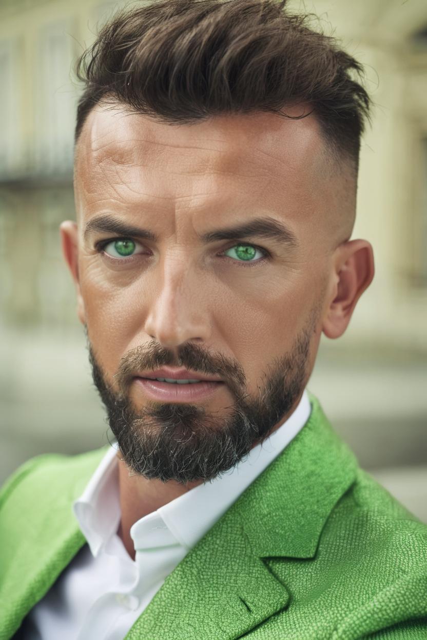 Artificial Intelligence (AI) generated image art, ..., light skin, green eyes, portrait, Shot on Hasselblad H6D-400c lens, copy Sisley Spring  Summer 2014 campaign session with more of a vogue or fancy gentleman style clothes, ultra high definition, ultra-realism, ultra realistic, young, handsome, gentleman