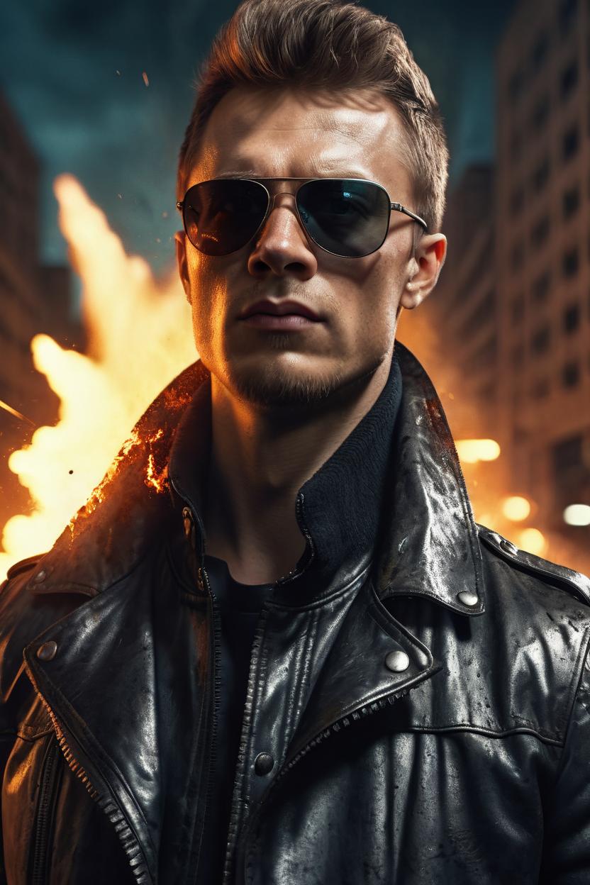 Artificial Intelligence (AI) generated image art, ..., sunglasses, leather jacket, (explosions),art by greg rutkowski, cinematic lighting, 8k, sharp focus, highly detailed, contrast