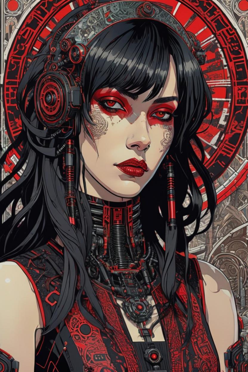 Artificial Intelligence (AI) generated image art, (*...*), portrait, artwork by Ivan Bilibin, Art Nouveau, tarot, cyberpunk, red and black android, cyborg, robotic, with black hair, brown eyes, red and black robotic details