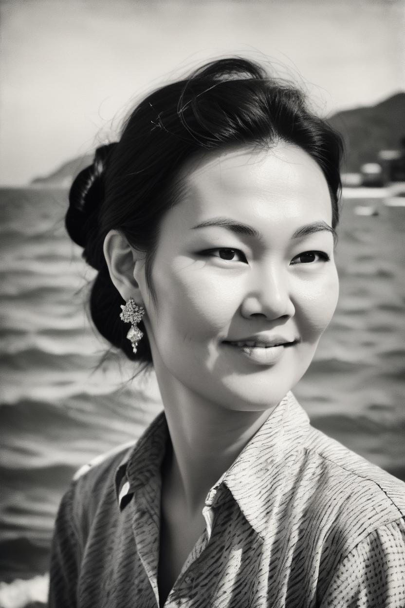 Artificial Intelligence (AI) generated image art, photo of beautiful ..., b&w, 1900 photograph, vintage, portrait, ((photorealistic)), sea in background, art by artgerm, contrast