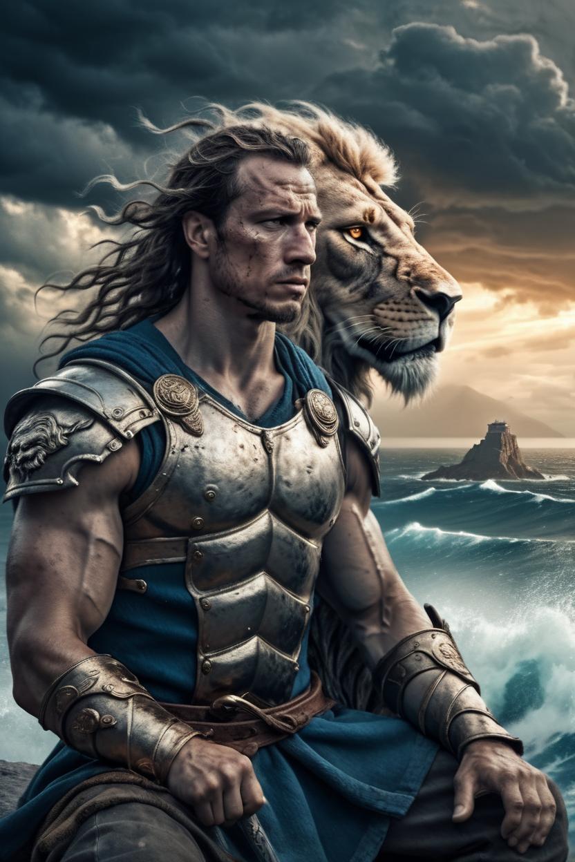 Artificial Intelligence (AI) generated image art, ..., as fantasy, beautiful, spartan, male, warrior, after battle, kneeling, holding sword in right hand, (right hand of Zeus on her left shoulder), (full armor), long, flowing hair, (realistic photo), digital, epic scene, (highly detailed), (faded image of a lion in background sky), storms and raging ocean in background, sharp faces, art by Greg Rutkowski, art by Klimt, art by Gaston Bussiere, tired expression, 8K