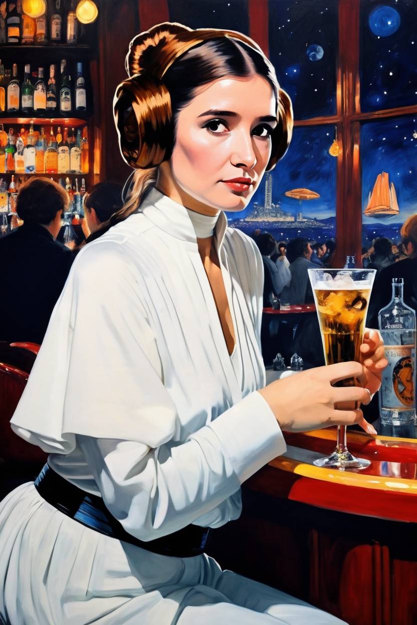 Star Wars portrait of a woman styled like Princess Leia, sitting at a futuristic bar with space view behind her.