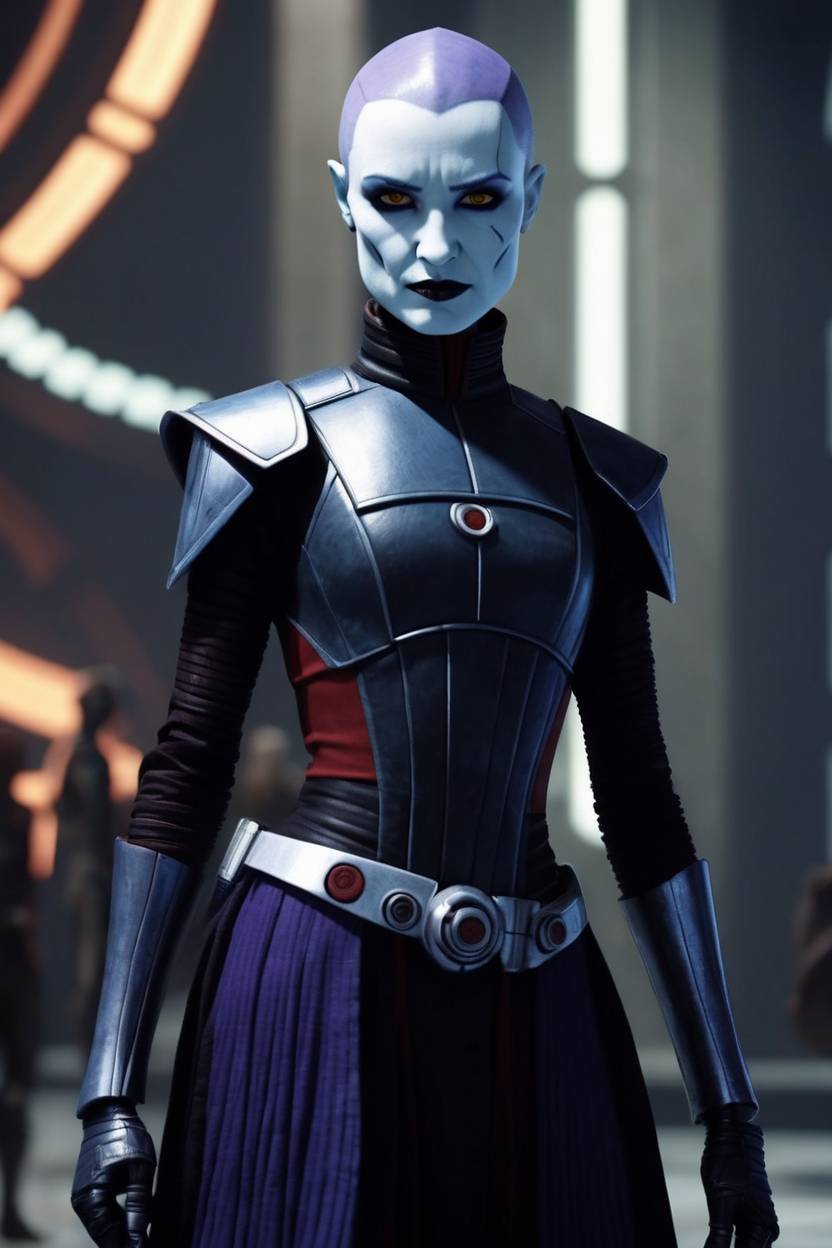 Powerful Asajj Ventress warrior in sleek armor with glowing yellow eyes, inspired by Sith aesthetics in Star Wars.