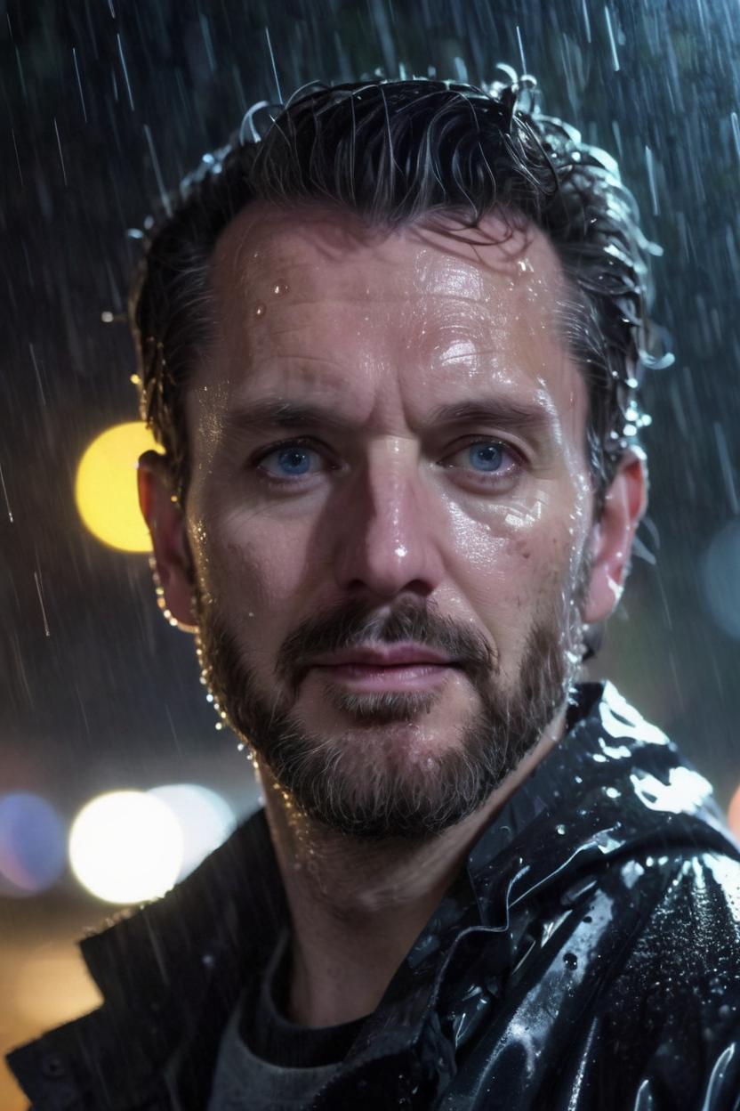 Artificial Intelligence (AI) generated image art, ..., portrait, night light, rain, (wet hair), wet raincoat, (glowing, smooth face) ((highly detailed eyes)) mysterious atmosphere, highly detailed