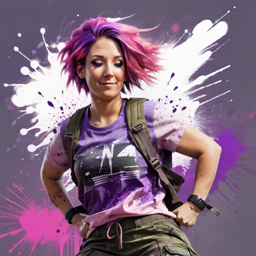 Artificial Intelligence (AI) generated image art, ... snthwve style nvinkpunk award winning half body portrait of a woman in a croptop and cargo pants with ombre pink and purple hairstyle with head in motion and hair flying, paint splashes, splatter, outrun, vaporware, shaded flat illustration, digital art, trending on artstation, highly detailed, fine detail, intricate