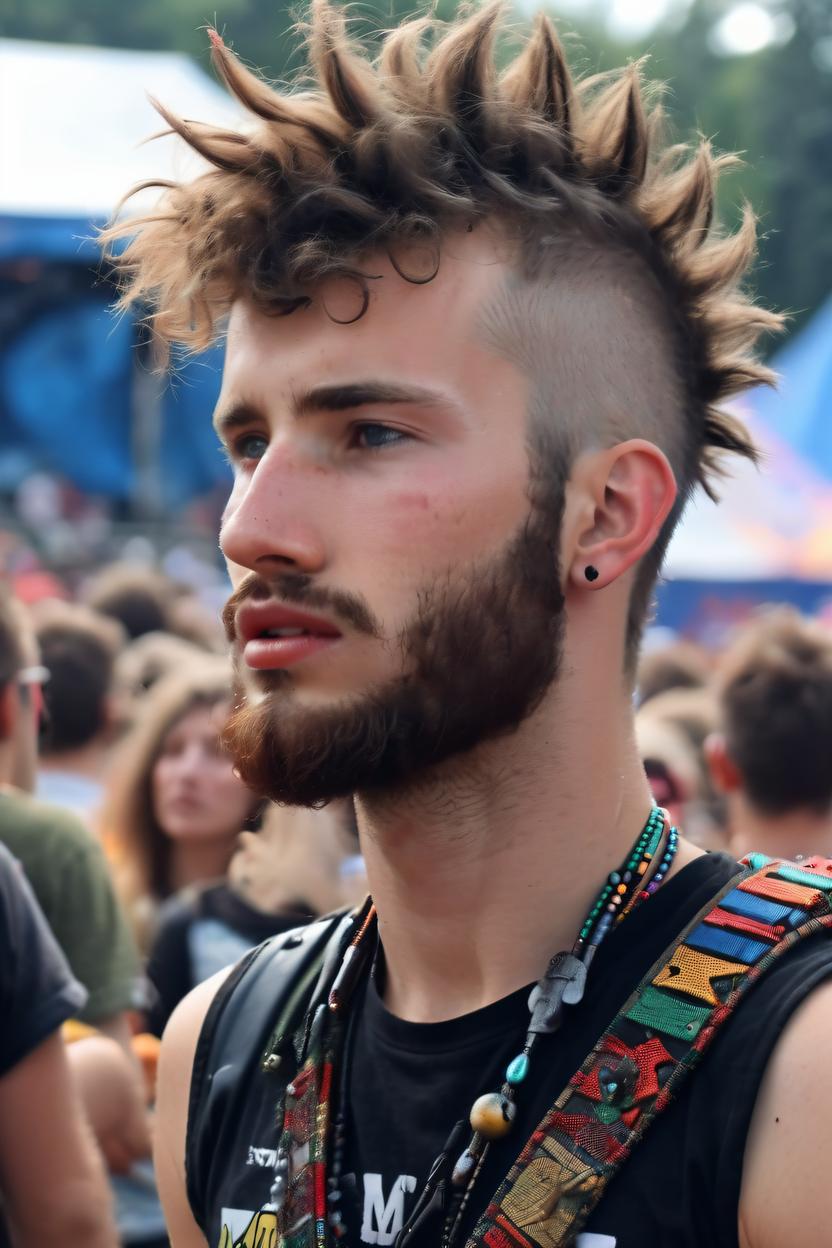 Artificial Intelligence (AI) generated image art, ..., with a mohawk, at a music festival, stunning photograph