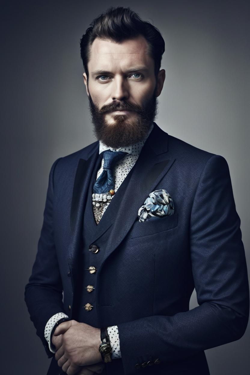 Artificial Intelligence (AI) generated image art, ((..., short 10mm beard, dark beard)), portrait, Shot on Hasselblad H6D-400c lens, copy Sisley Spring  Summer 2014 campaign session with more of a vogue or fancy gentleman style clothes, ultra high definition, ultra-realism, (futuristic) ultra realistic, young, handsome, gentleman