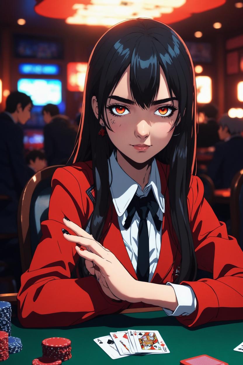 Artificial Intelligence (AI) generated image art, ..., as anime girl playing poker, anime girl from Kakegurui, Kakegurui losing scene, extreme drama, glowing eyes, super cute anime style, illustration