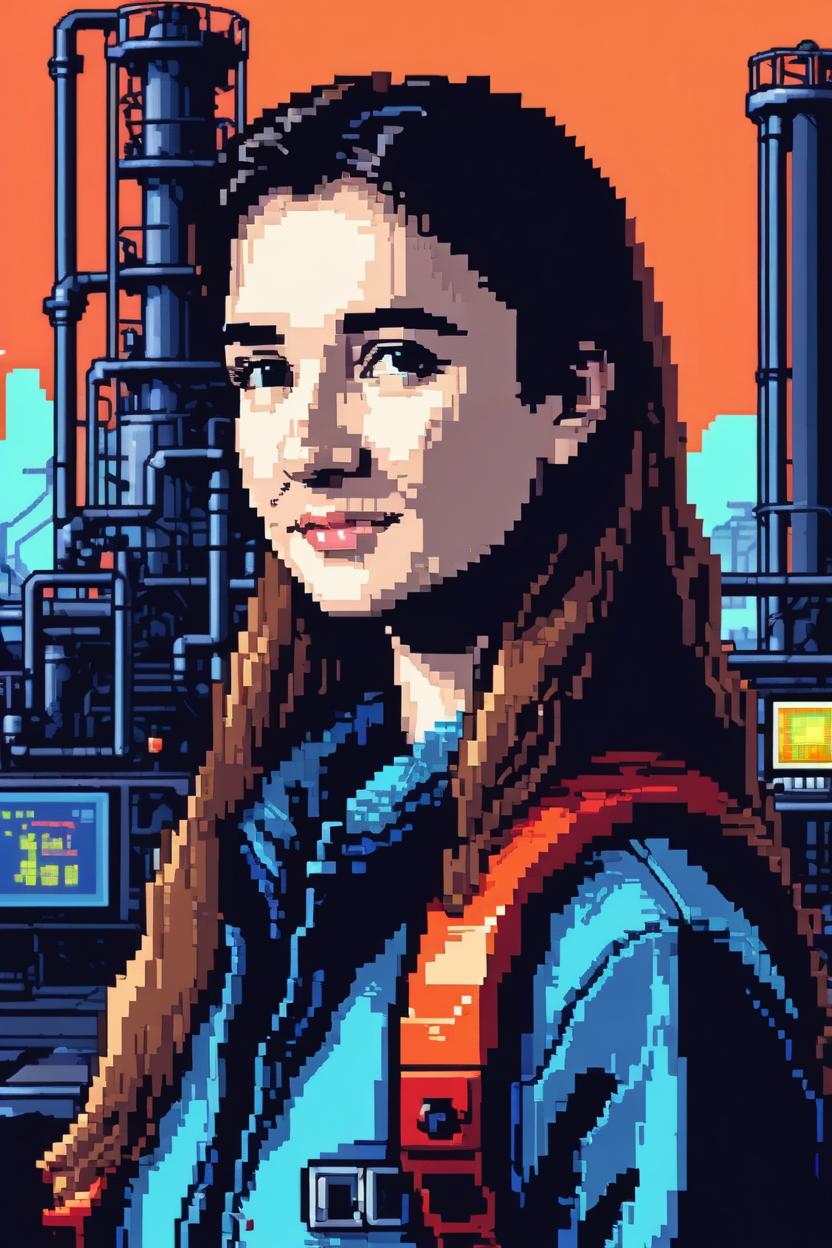 Artificial Intelligence (AI) generated image art, ..., (8 bit pixel art), chemical plant in background