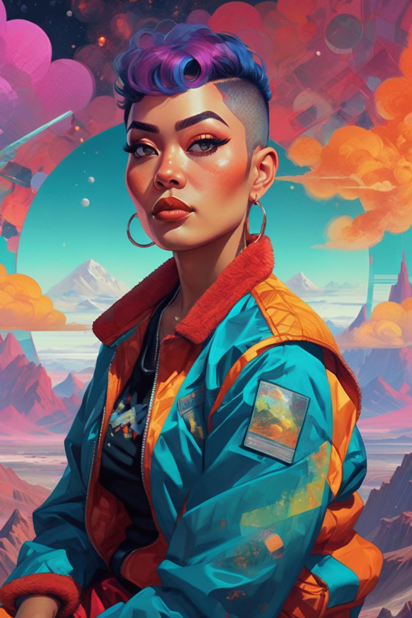 Artificial Intelligence (AI) generated image art, adorably cute (...), buzz cut, portrait by Victo Ngai, Kilian Eng vibrant colors, winning-award masterpiece, fantastically gaudy, aestheticly inspired by beksinski and dan mumford, 4K upscale with Simon Stalenhag work, sitting on the cosmic cloudscape