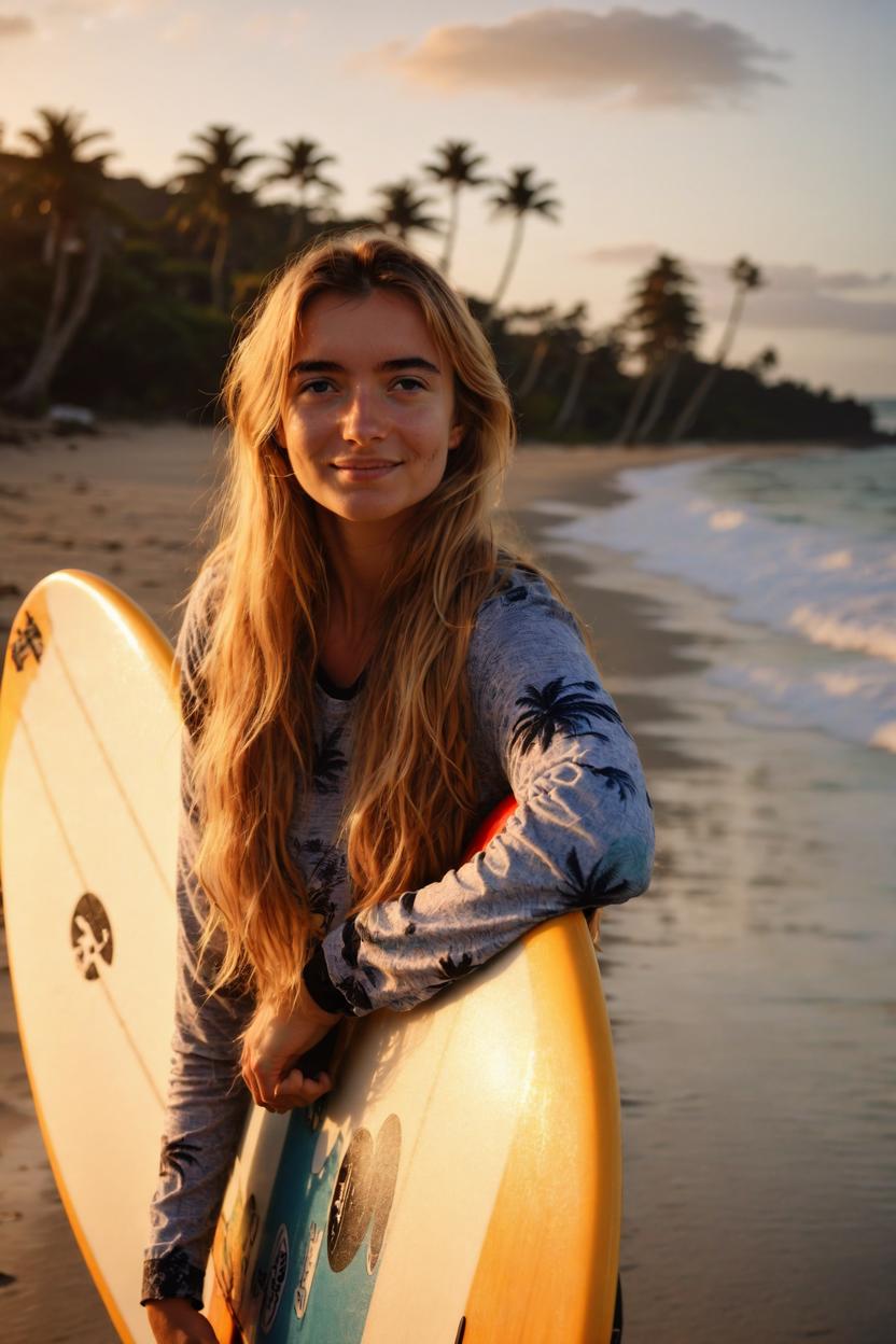 Artificial Intelligence (AI) generated image art, ..., portrait, long blonde wavy hair, holding surfboard on tropical beach, sunset, stunning photograph