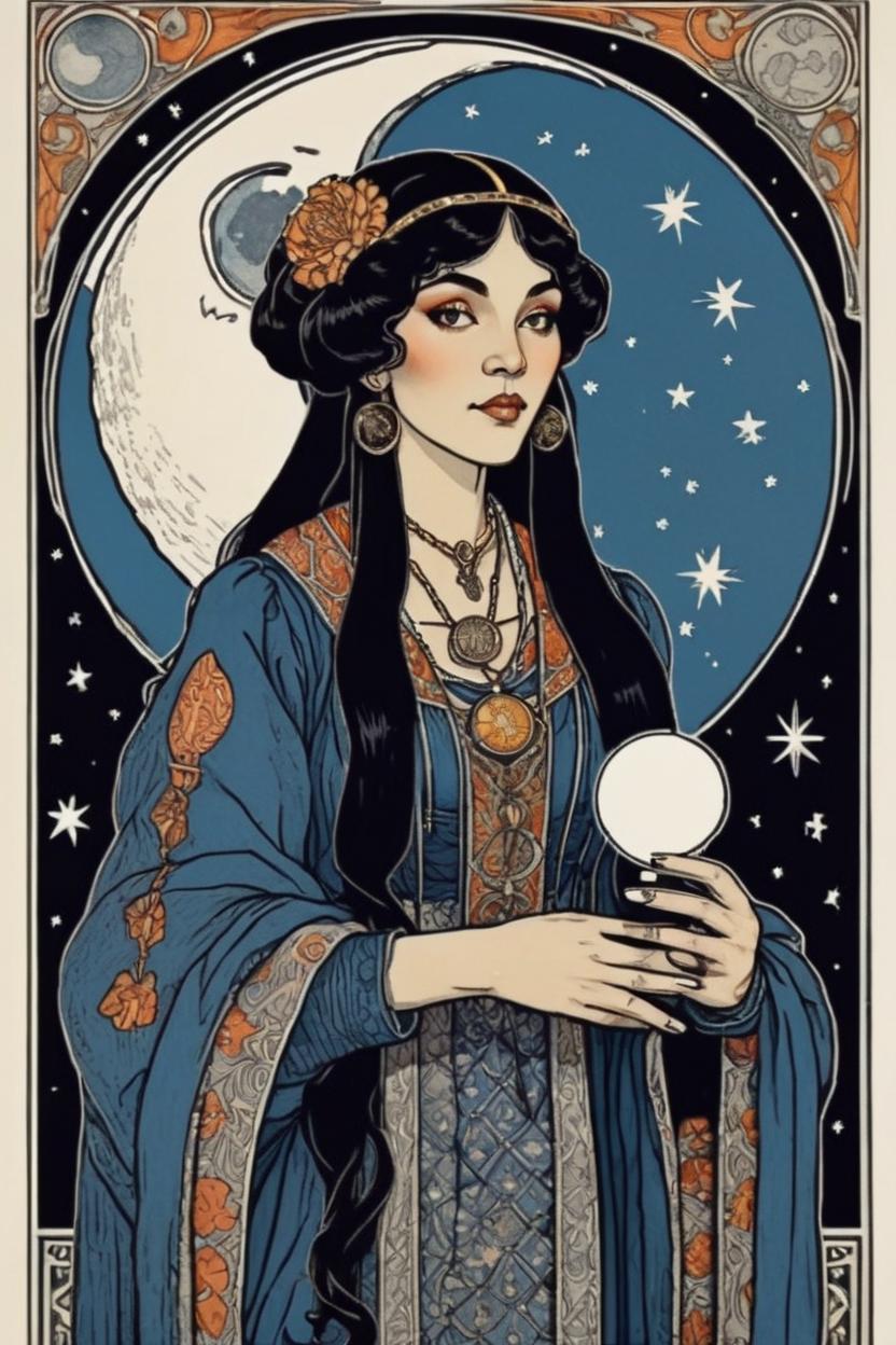 Artificial Intelligence (AI) generated image art, ..., portrait, artwork by Ivan Bilibin, Art Nouveau, tarot card, holding a moon
