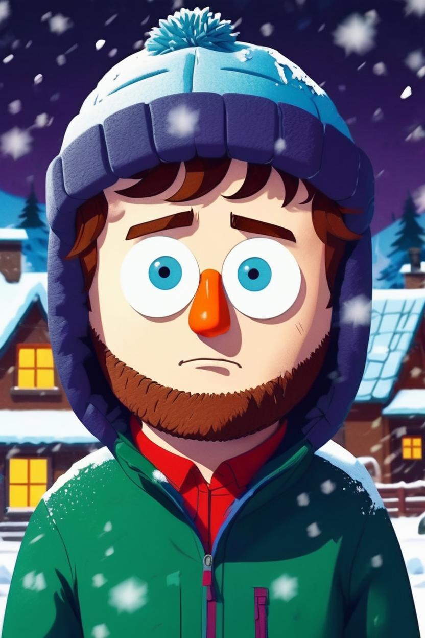 Artificial Intelligence (AI) generated image art, (((south park cartoon character))), ..., illustration, in snowy village, sharp focus, deep colours