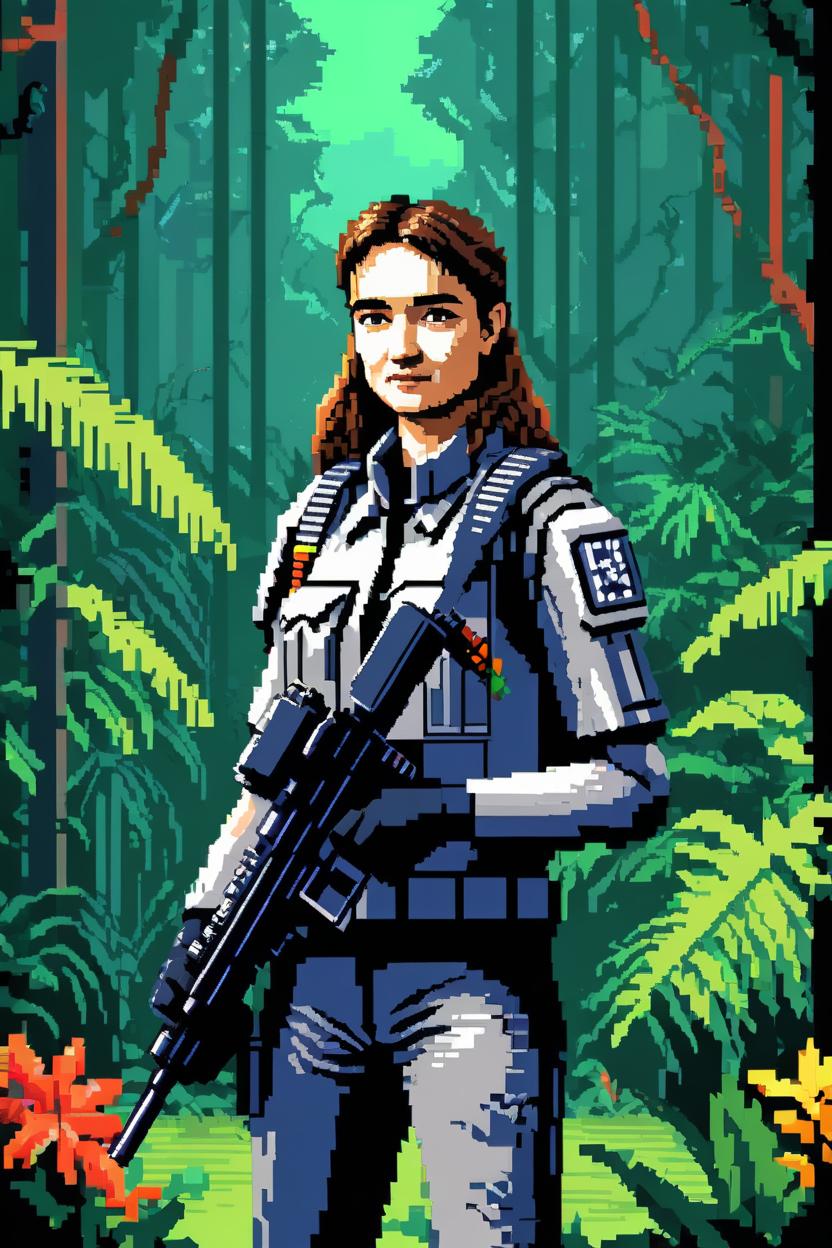 Artificial Intelligence (AI) generated image art, ..., (8 bit pixel art), in jungle, as trooper