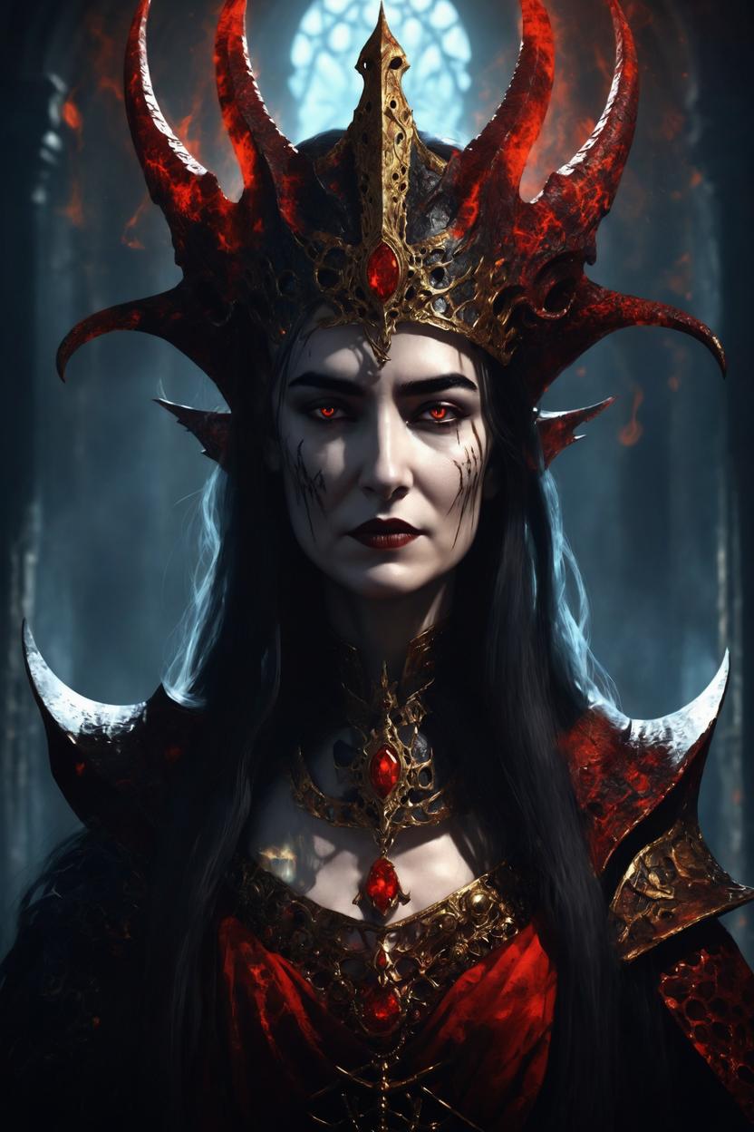 Artificial Intelligence (AI) generated image art, ..., as MORATHI, THE SHADOW QUEEN,  the High Oracle of Khaine, the Shadow Queen and grand matriarch of the Daughters of Khaine, a creature of magic, manipulation and secrets – a blood-priestess of battle and a mistress of lies and hidden intrigues, digital art