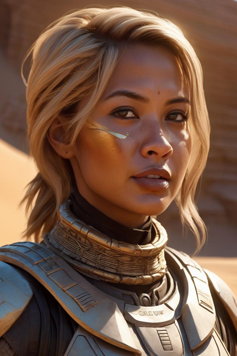 Artificial Intelligence (AI) generated image art, ... as dune character, beautiful, tan skin, in the dessert, highly detailed illustration, sci-fi movie, cinematographic lighting, by greg rutkowski