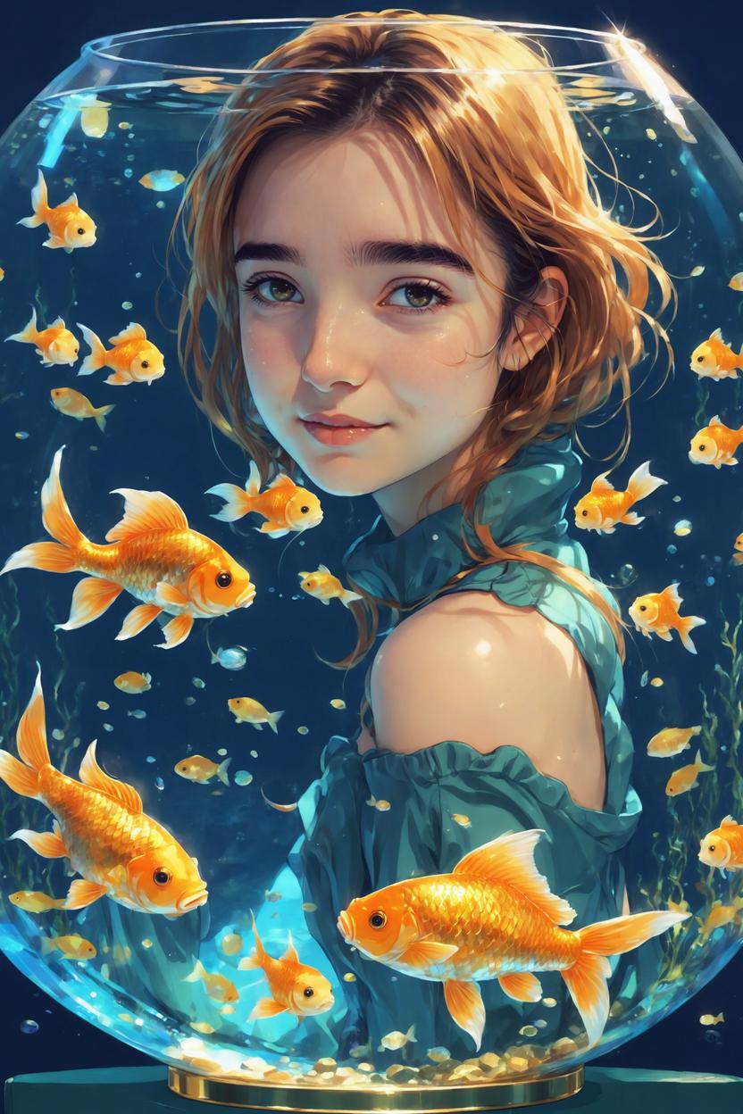 Artificial Intelligence (AI) generated image art, ..., ..., as small anime mermaid swimming in fish bowl, swimming with gold fish,  super cute anime style, illustration, anime girl art by makoto shinkai