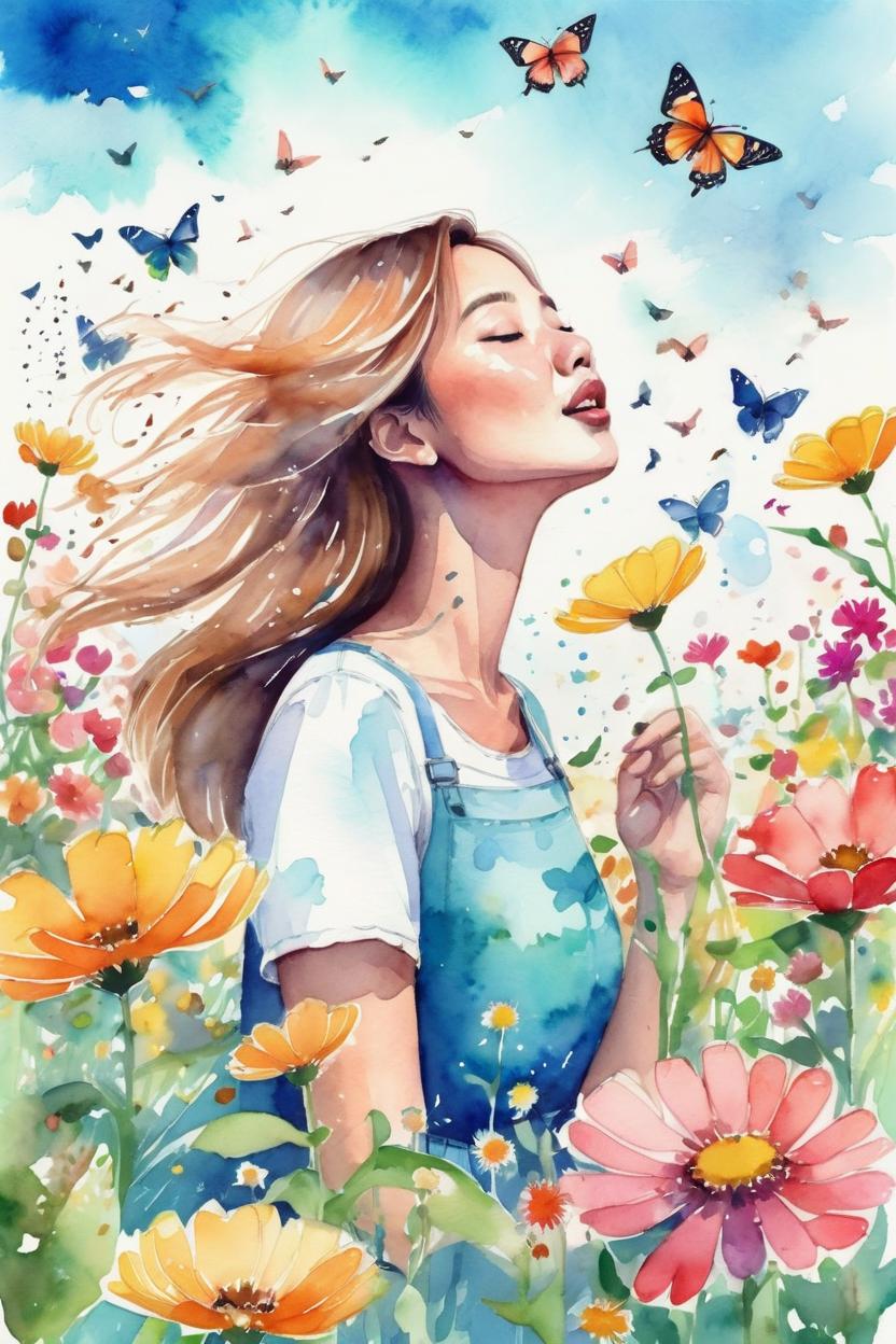 Artificial Intelligence (AI) generated image art, ..., illustration, field of flowers, blowing flowers, butterflies, bright sky, birds, pretty, water color