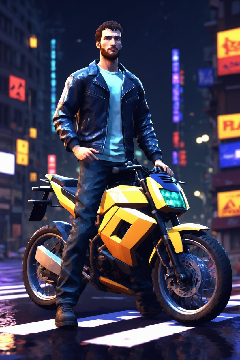 Artificial Intelligence (AI) generated image art, ..., early 2000 low game graphics, 2000s playstation graphics artstyle, low polygon 3d game, psx game, ps2 game, standing next to cool motorbike, in city night