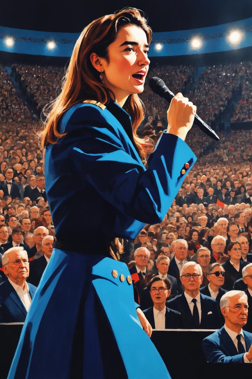 Artificial Intelligence (AI) generated image art, ...,  art by greg rutkowski, as beautiful woman dictator, giving a speech on stage to a huge crowd