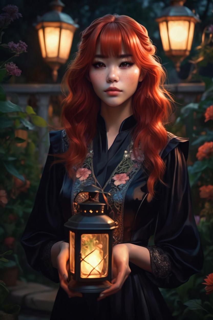 Artificial Intelligence (AI) generated image art, ..., ((portrait)), beautiful red hair, dressed in a black gown, highly detailed illustration, in a garden holding a lantern at midnight, deep focus, d & d, fantasy, intricate, elegant, highly detailed, digital painting, artstation, concept art, sunset, matte, sharp focus, illustration, hearthstone, art by artgerm and greg rutkowski and alphonse mucha and marco mazzoni