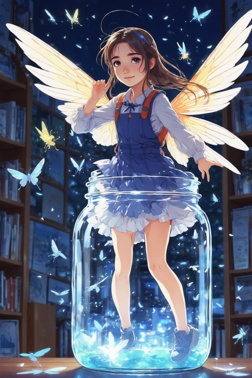 Artificial Intelligence (AI) generated image art, ..., as anime fairy trapped in mason jar, anime fairy from Amagi Brilliant Park, wings, flying, super cute anime style, illustration, anime girl art by makoto shinkai