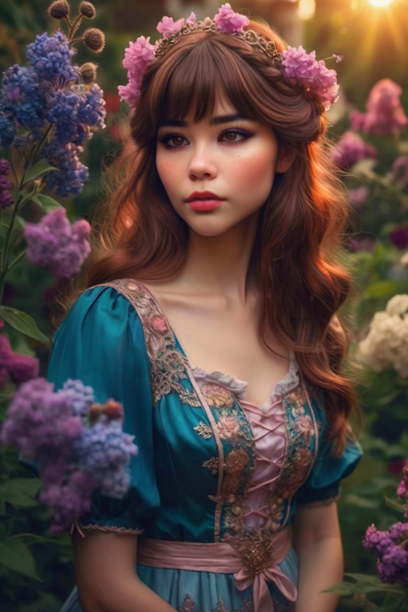 Artificial Intelligence (AI) generated image art, ..., ((portrait)), beautiful brown haired fairy princess, highly detailed illustration, in a garden holding a bunch of wild flowers, deep focus, d & d, fantasy, intricate, elegant, highly detailed, digital painting, artstation, concept art, sunset, matte, sharp focus, pouty lips, ultrarealistic, shot in the style of Wes Anderson, Mysterious and seductive atmosphere