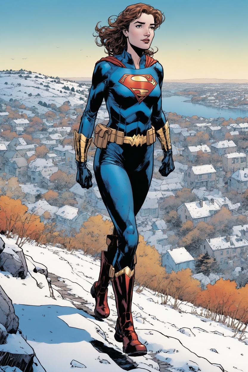 Artificial Intelligence (AI) generated image art, ..., as Pat Brosseau from Justice League #1, DC, walking down a hill, November 2011, By Jim Lee