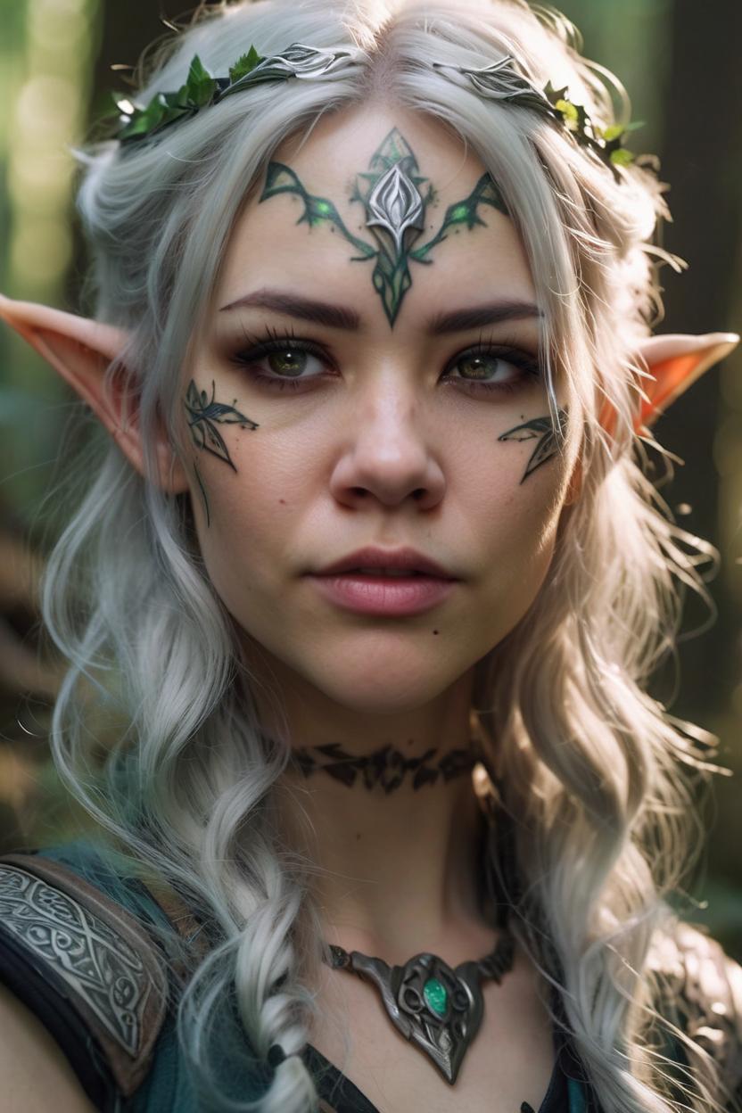 Artificial Intelligence (AI) generated image art, ..., ((portrait)), fantasy wood elf, (pointy elf ears, pale skin, small forehead tattoo)), ((fantasy ranger)), long silver wavy hair, close up, facing front, dnd art, (art by Greg Rutkowski), highly detailed, sharp focus, 4k, ((in a forest)), (((magic glow)))
